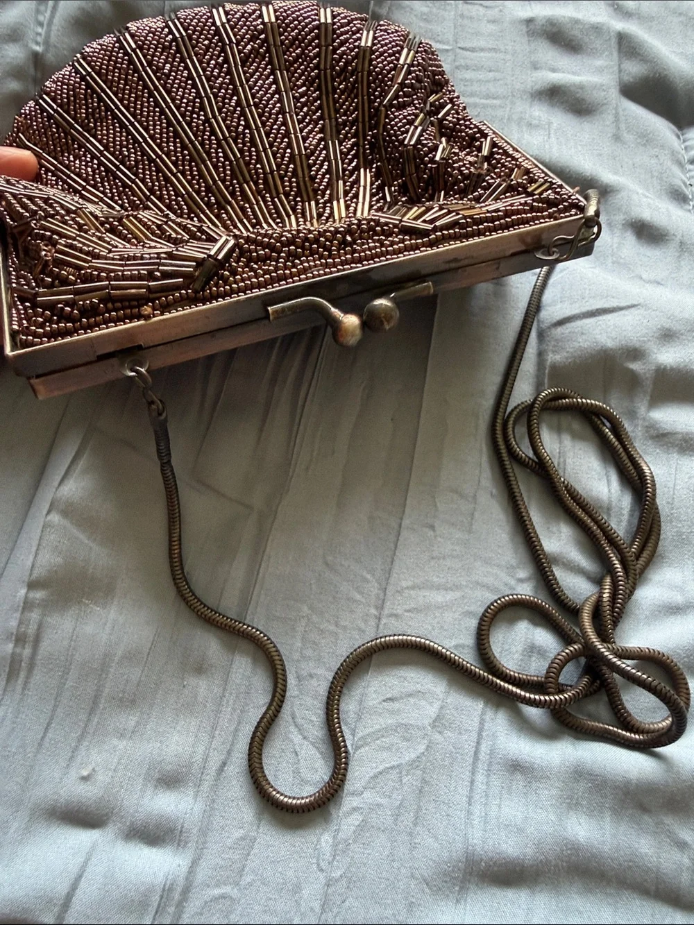 Vintage “Walborg” Deco Beaded Clam Shell Evening Purse Copper Bronze Chain